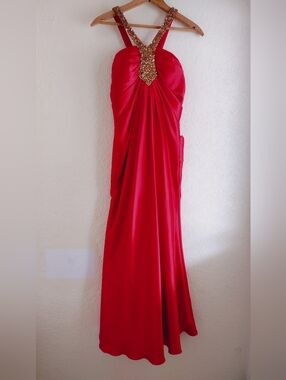 Red Satin Evening Gown with Gold Beaded Straps
